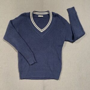 American Eagle Womens S Varsity V-Neck Ribbed Knit Sweater Striped Trim Nautical